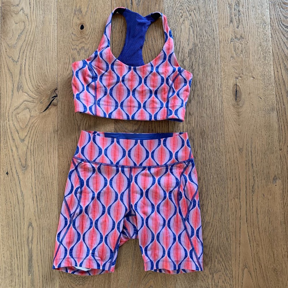 Outdoor Voices bra and bike short set in Retro Vapor, size S